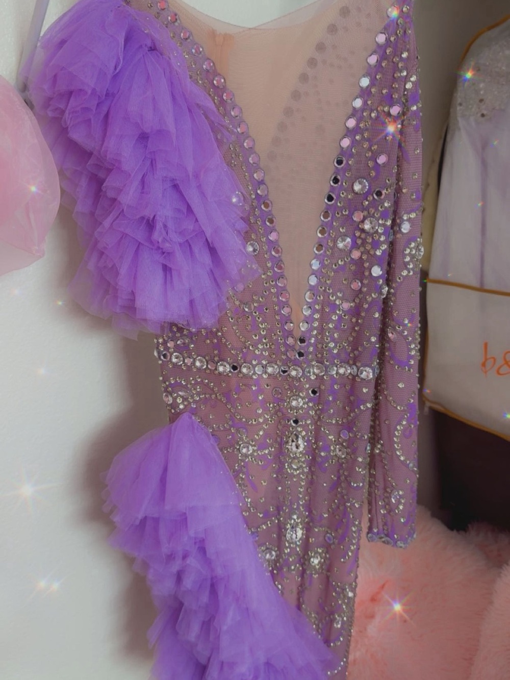 Lavender Rhinestone Evening Gown with Ruffle Detail - Picture 3 of 3